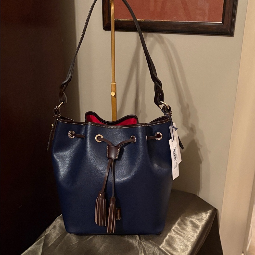 Dooney & Bourke Tasha Navy  Drawstring with Brown Trim and Red Lining NWT